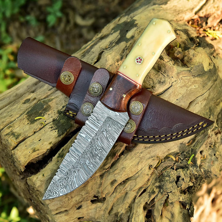 9" Damascus Hunting Knife | Camel Bone and Wood Handle