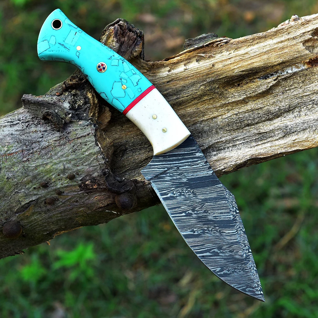 Luxury Damascus Knife 8.75" | Camel Bone & Resin Handle