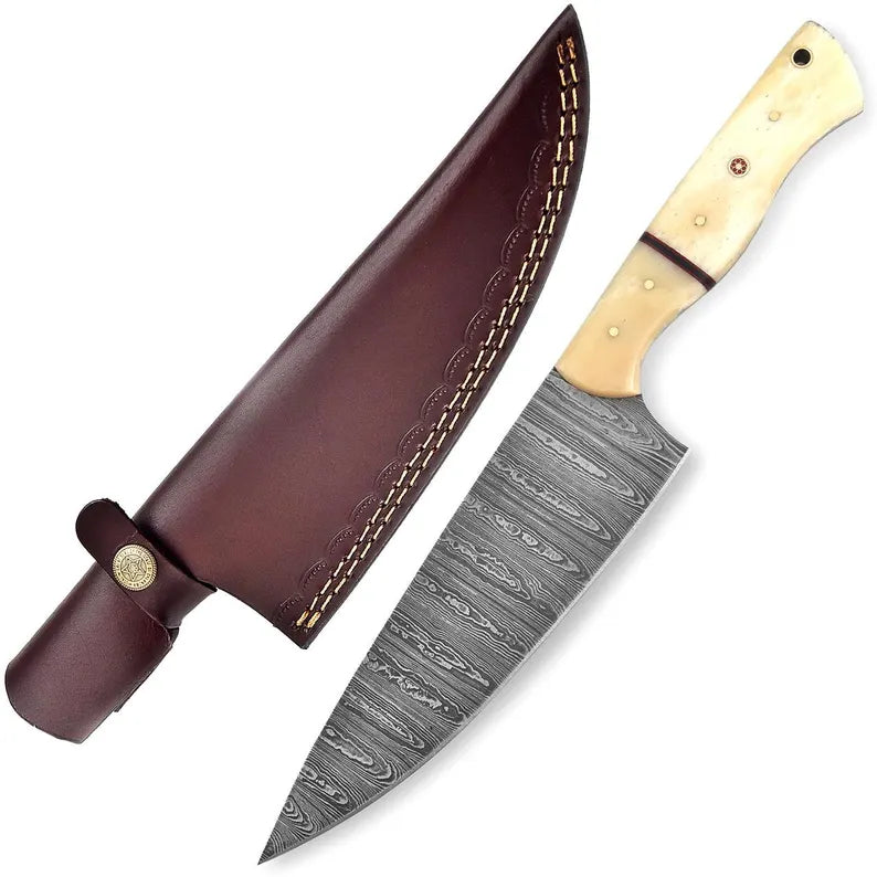 Hand Forged Damascus Chef Knife With Camel Bone Handle
