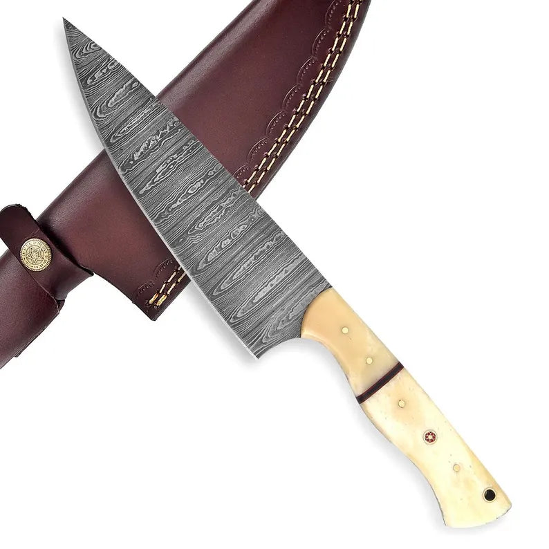 Hand Forged Damascus Chef Knife With Camel Bone Handle