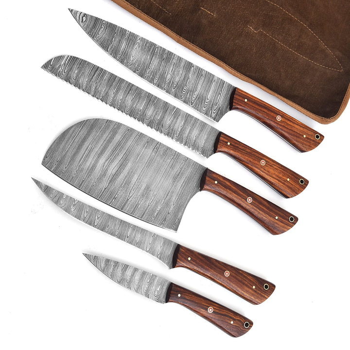 5-Piece Handmade Damascus Steel Chef Knife Set with Rosewood Handle