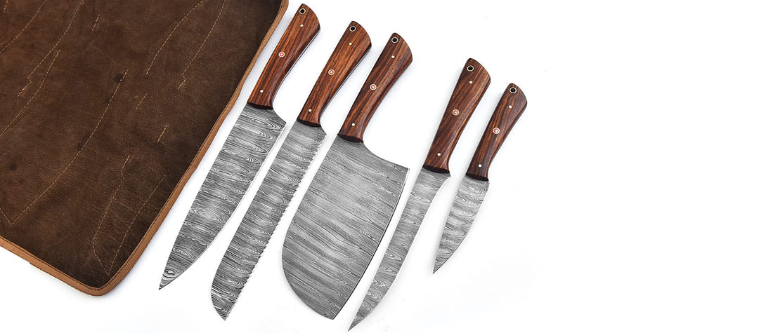 5-Piece Handmade Damascus Steel Chef Knife Set with Rosewood Handle
