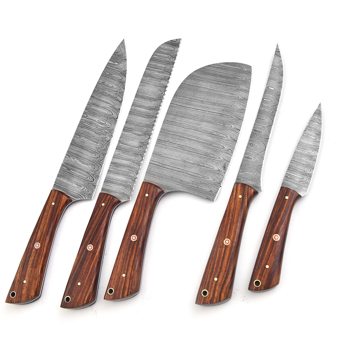 5-Piece Handmade Damascus Steel Chef Knife Set with Rosewood Handle