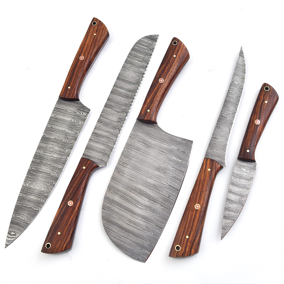 5-Piece Handmade Damascus Steel Chef Knife Set with Rosewood Handle