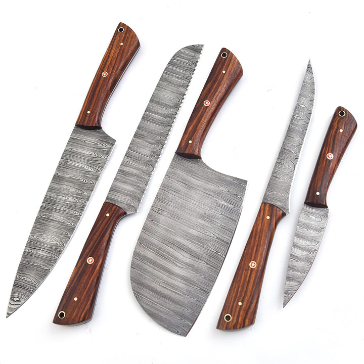 5-Piece Handmade Damascus Steel Chef Knife Set with Rosewood Handle