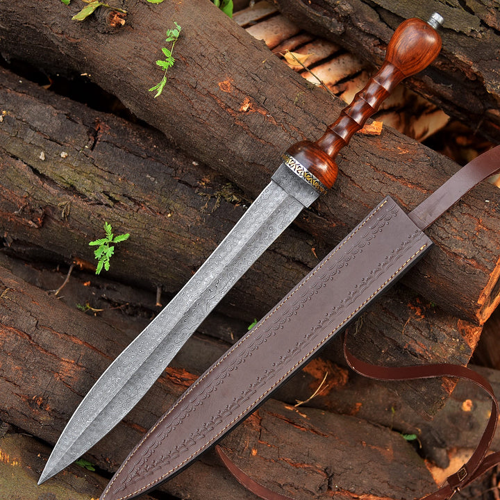 Handmade Damascus Steel Short Sword with Carved Rose Wood Handle