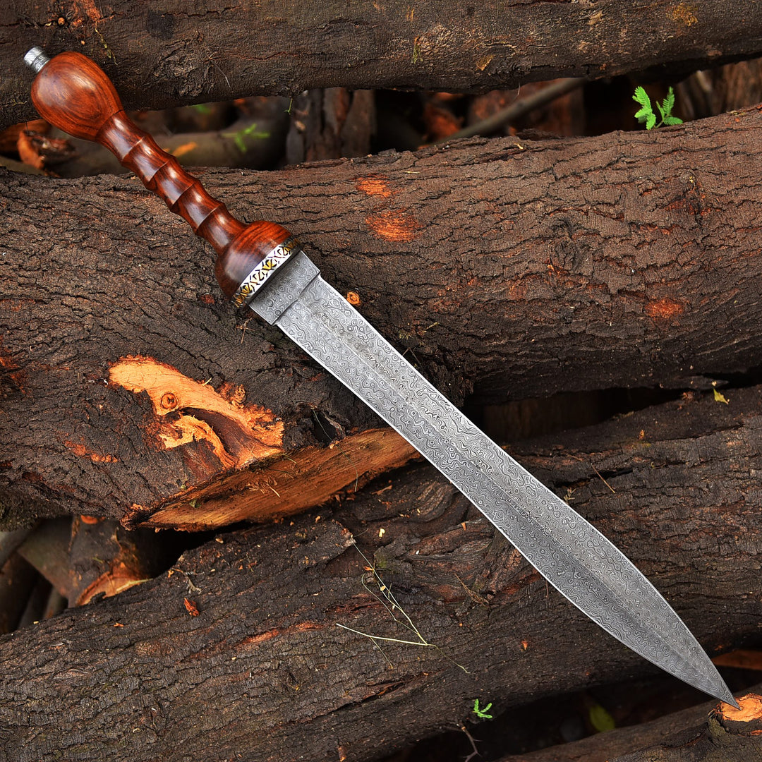 Handmade Damascus Steel Short Sword with Carved Rose Wood Handle