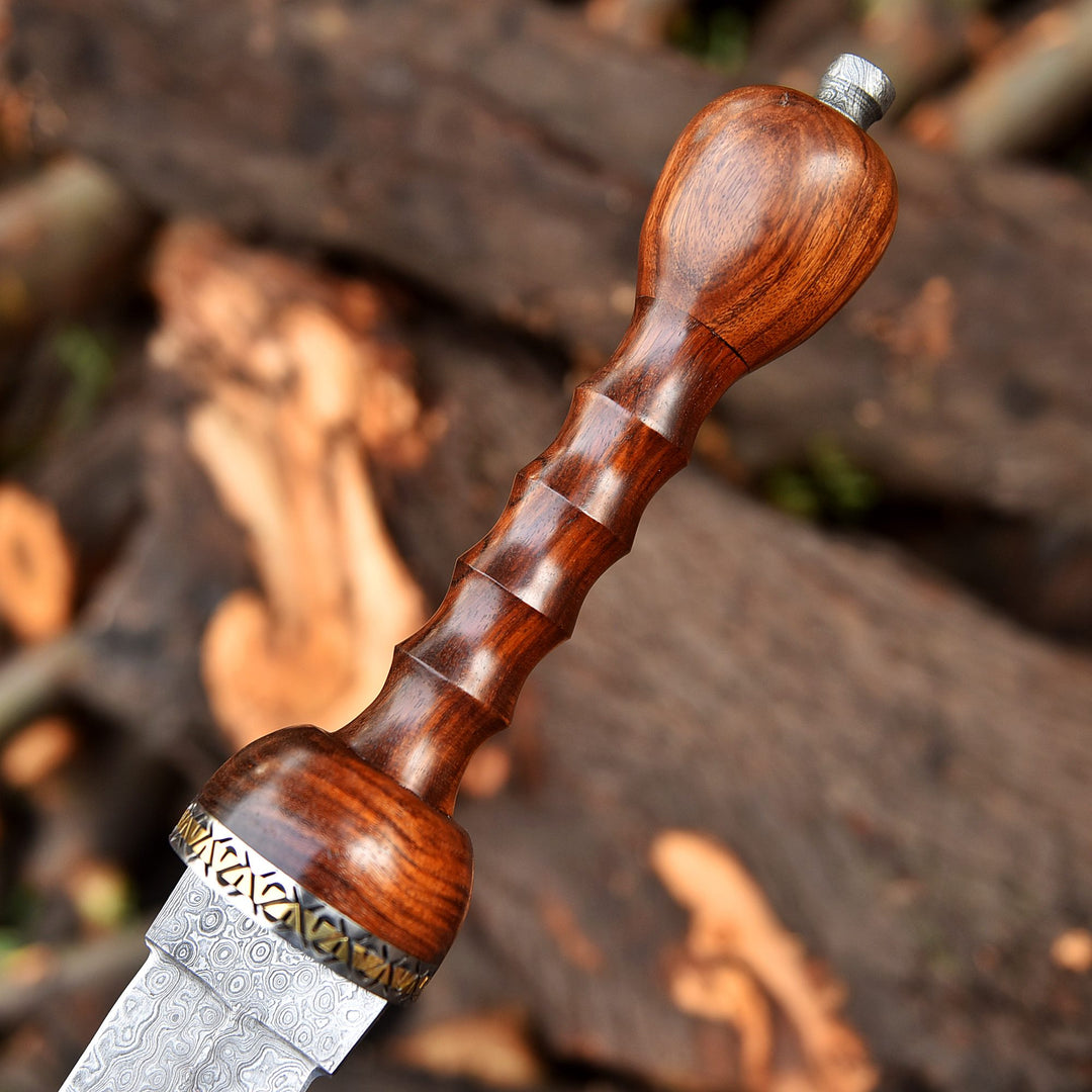 Handmade Damascus Steel Short Sword with Carved Rose Wood Handle