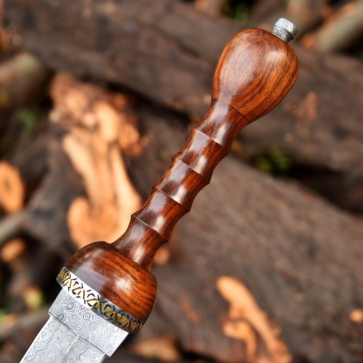 Handmade Damascus Steel Short Sword with Carved Rose Wood Handle