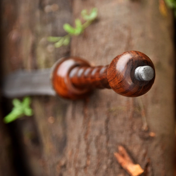 Handmade Damascus Steel Short Sword with Carved Rose Wood Handle