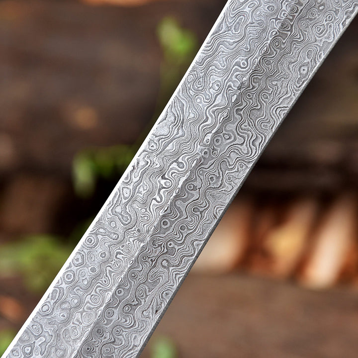 Handmade Damascus Steel Short Sword with Carved Rose Wood Handle