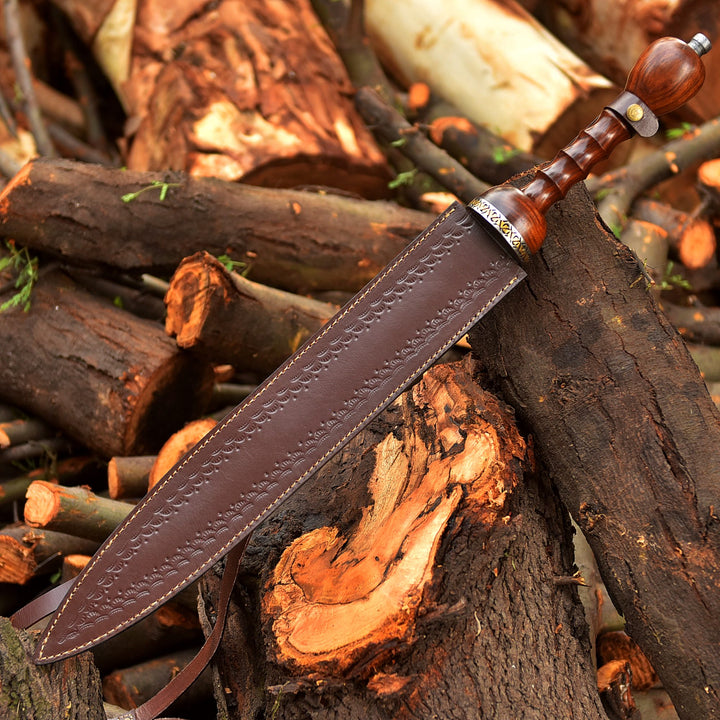 Handmade Damascus Steel Short Sword with Carved Rose Wood Handle