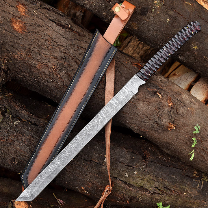 Handmade Damascus Steel Tanto Sword with Ridged Rose Wood Handle