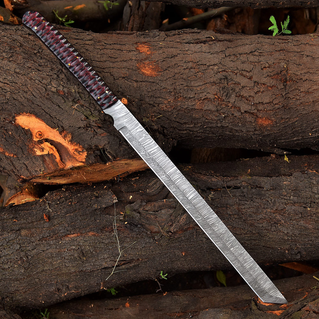 Handmade Damascus Steel Tanto Sword with Ridged Rose Wood Handle