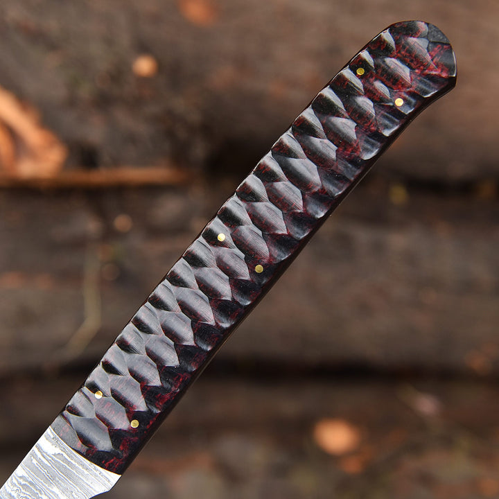 Handmade Damascus Steel Tanto Sword with Ridged Rose Wood Handle