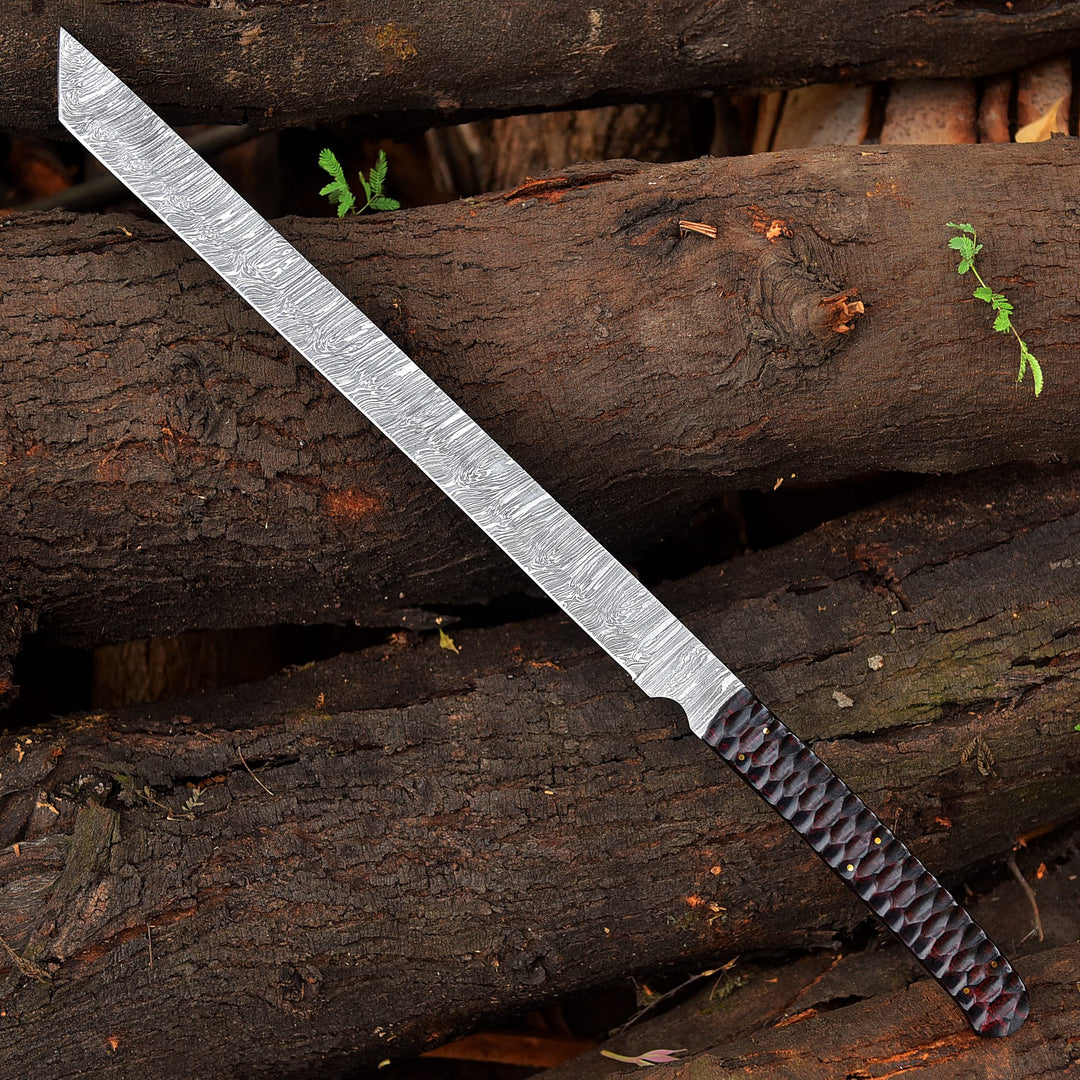 Handmade Damascus Steel Tanto Sword with Ridged Rose Wood Handle
