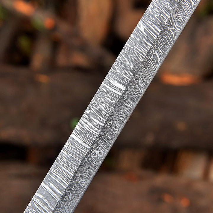 Handmade Damascus Steel Tanto Sword with Ridged Rose Wood Handle