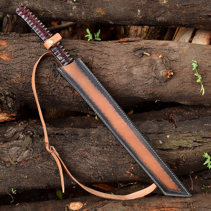 Handmade Damascus Steel Tanto Sword with Ridged Rose Wood Handle