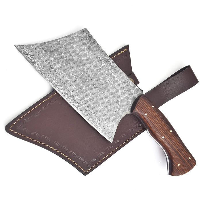Hand-Forged Damascus Cleaver – Butcher Chef Knife with Rosewood Handle
