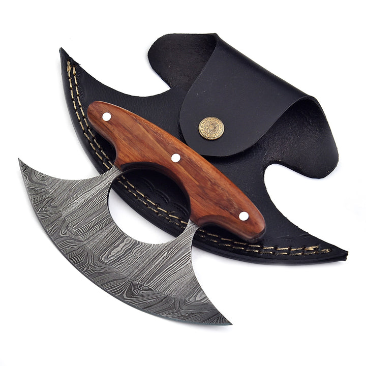 Ulu Knife With Rose Wood Handle | Damascus Steel Rocker with Sheath