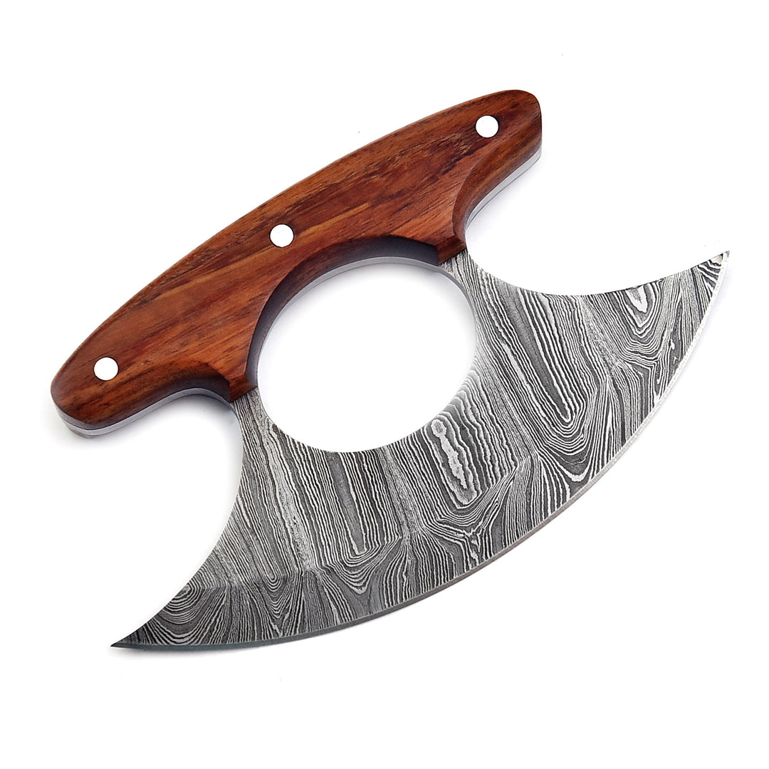 Ulu Knife With Rose Wood Handle | Damascus Steel Rocker with Sheath