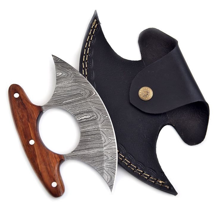 Ulu Knife With Rose Wood Handle | Damascus Steel Rocker with Sheath