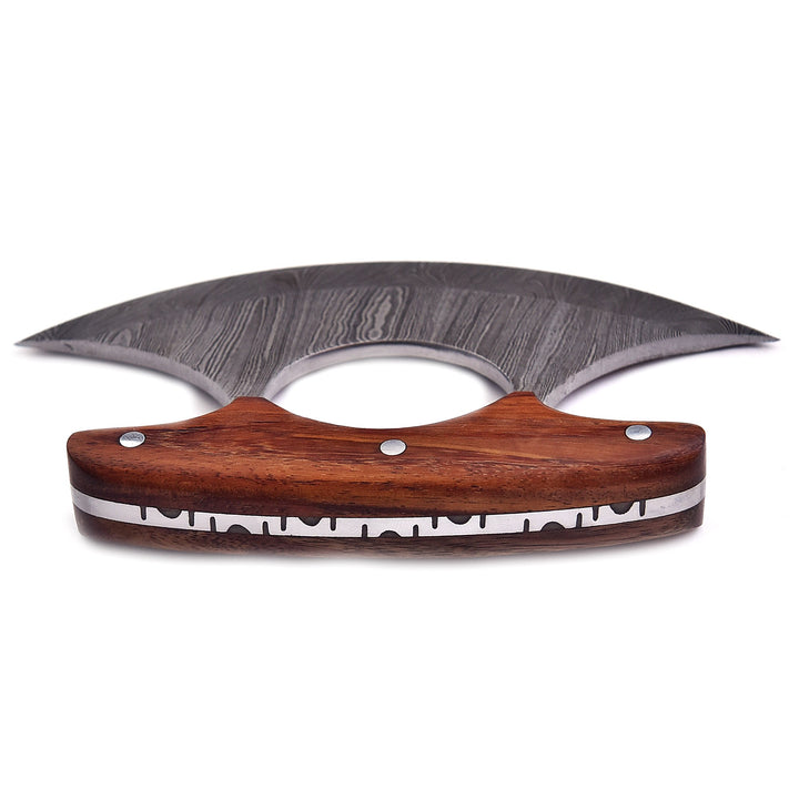 Ulu Knife With Rose Wood Handle | Damascus Steel Rocker with Sheath