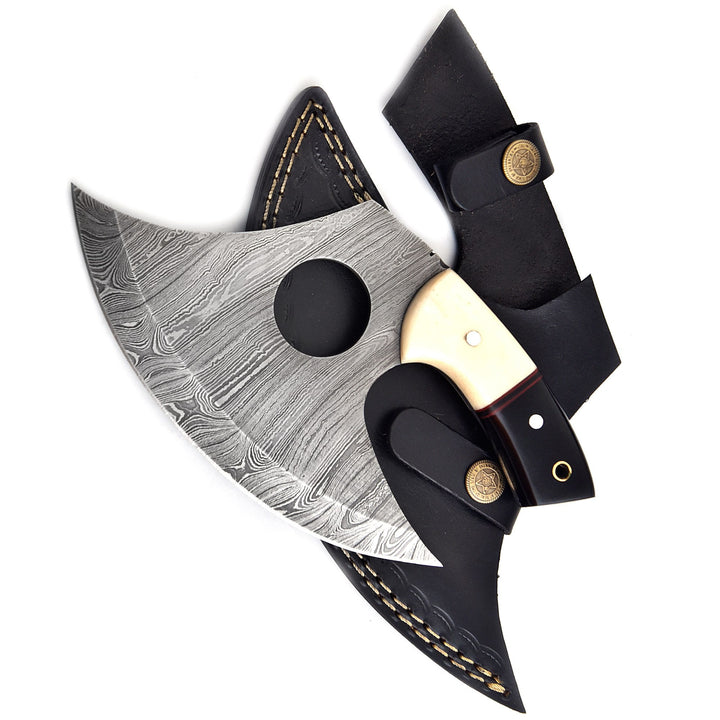 Premium Ulu Knife | Damascus Pizza Cutter with Bull Horn & Bone Handle