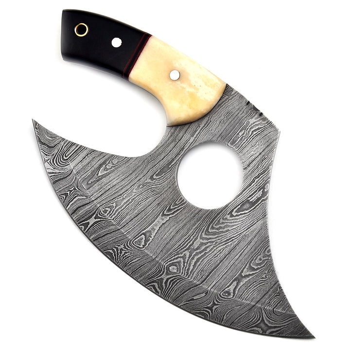 Premium Ulu Knife | Damascus Pizza Cutter with Bull Horn & Bone Handle