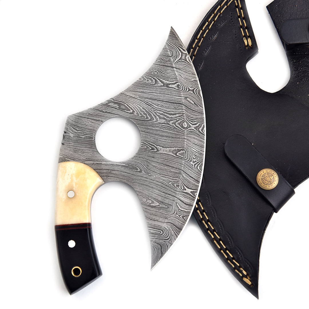Premium Ulu Knife | Damascus Pizza Cutter with Bull Horn & Bone Handle