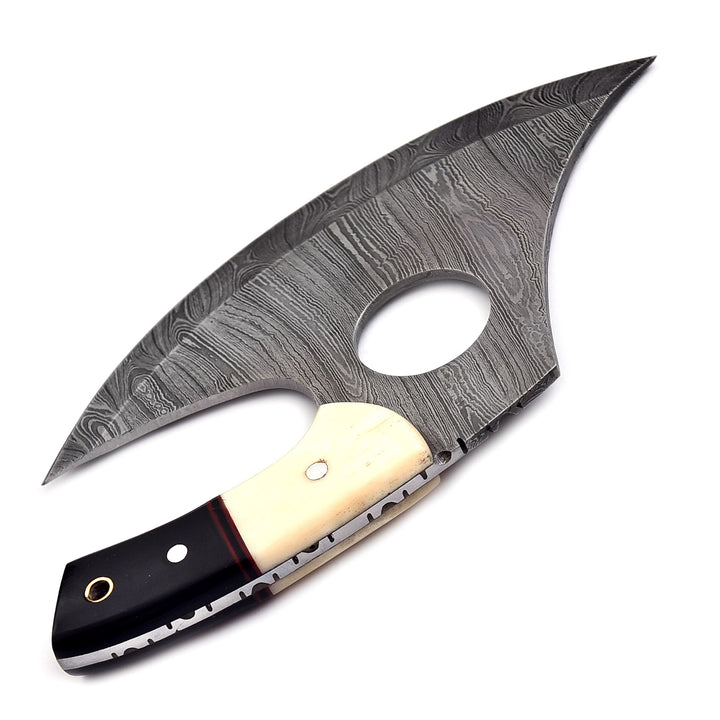 Premium Ulu Knife | Damascus Pizza Cutter with Bull Horn & Bone Handle