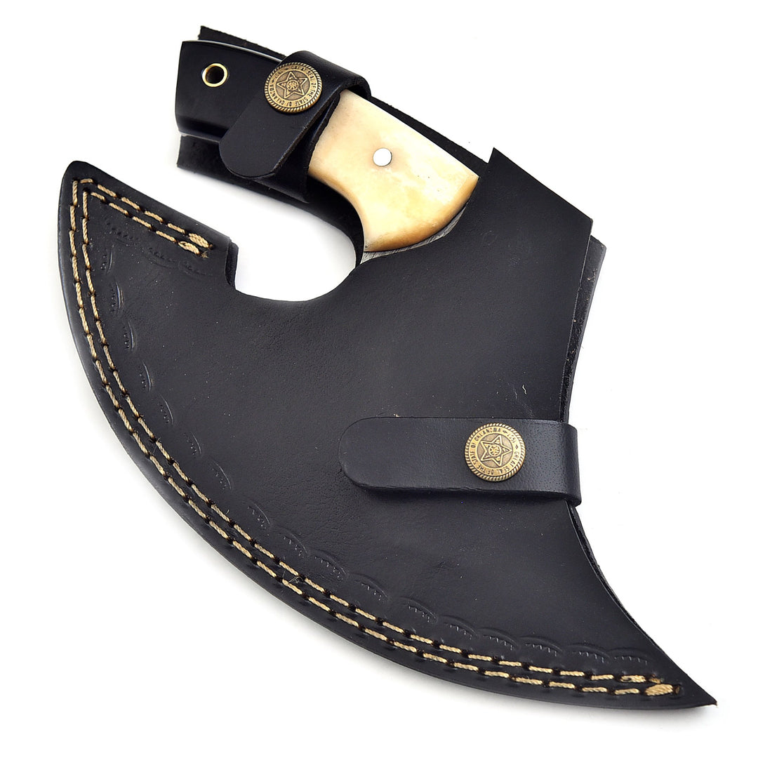 Premium Ulu Knife | Damascus Pizza Cutter with Bull Horn & Bone Handle