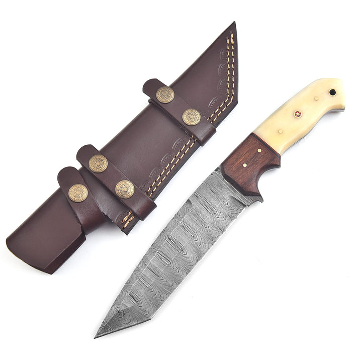 Tanto Knife – 11" Handmade Damascus Steel with Bone & Rosewood Handle