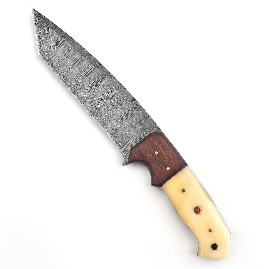 Tanto Knife – 11" Handmade Damascus Steel with Bone & Rosewood Handle