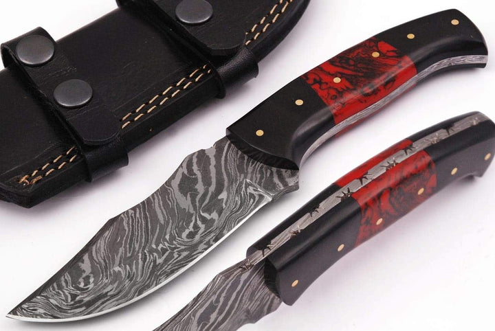 Damascus Steel Handmade 8.5" Hunting Knife -Full Tang Fixed Blade Knife With Leather Sheath-Bull Horn and Resin Handle-Gift for Him , Men