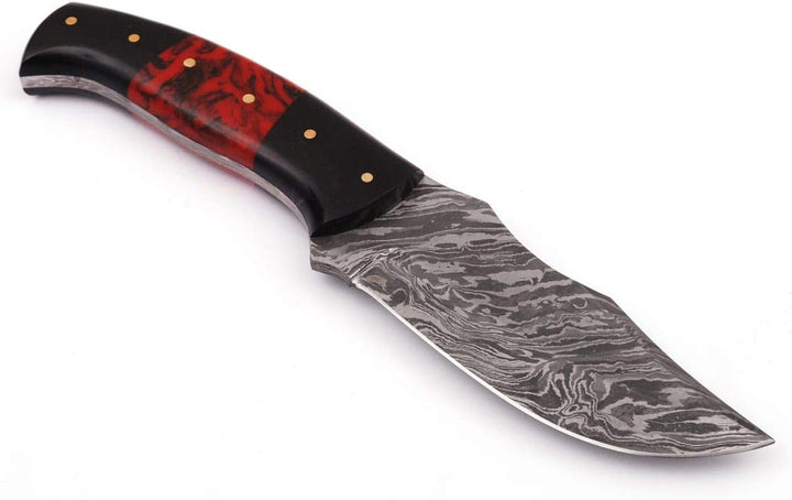 Damascus Steel Handmade 8.5" Hunting Knife -Full Tang Fixed Blade Knife With Leather Sheath-Bull Horn and Resin Handle-Gift for Him , Men