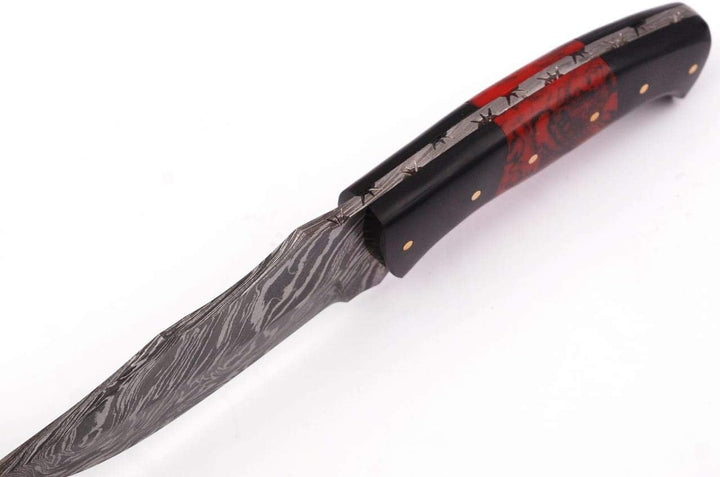 Damascus Steel Handmade 8.5" Hunting Knife -Full Tang Fixed Blade Knife With Leather Sheath-Bull Horn and Resin Handle-Gift for Him , Men