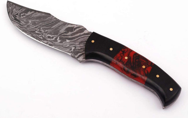 Damascus Steel Handmade 8.5" Hunting Knife -Full Tang Fixed Blade Knife With Leather Sheath-Bull Horn and Resin Handle-Gift for Him , Men