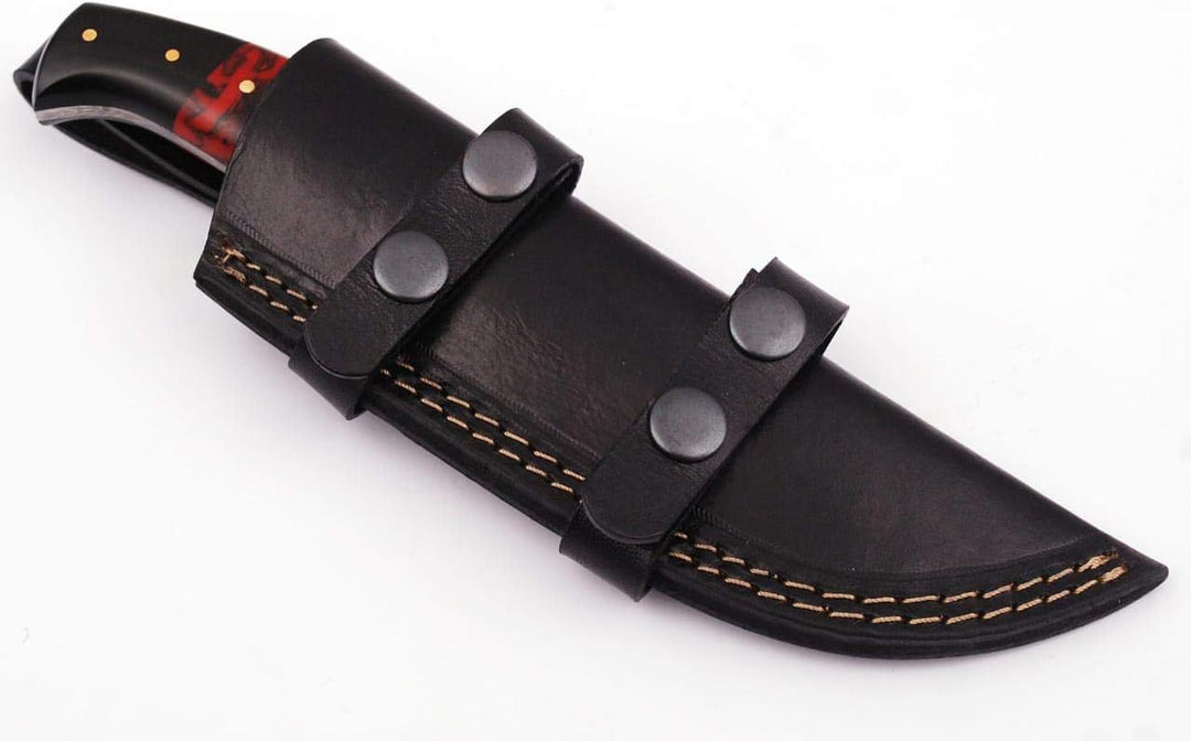 Damascus Steel Handmade 8.5" Hunting Knife -Full Tang Fixed Blade Knife With Leather Sheath-Bull Horn and Resin Handle-Gift for Him , Men
