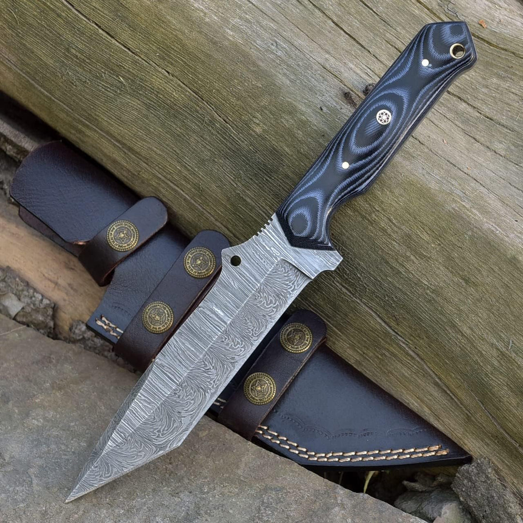 Tanto Hunting Knife 10.5" Handmade With Damascus Steel -Fixed Blade EDC Knife with Leather Sheath-Grey Micarta Handle-Ideal for Gift to Him.