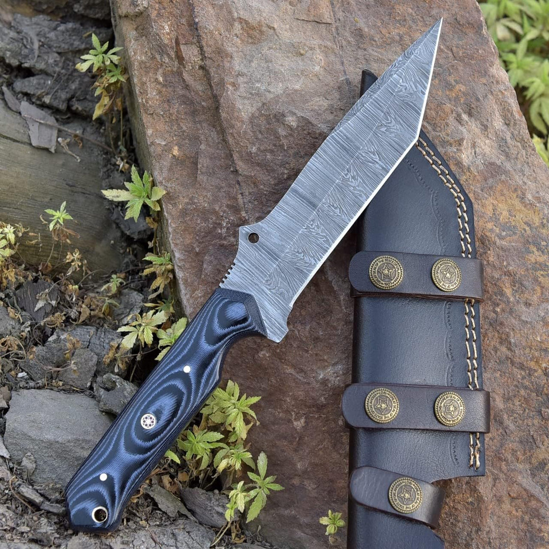 Tanto Hunting Knife 10.5" Handmade With Damascus Steel -Fixed Blade EDC Knife with Leather Sheath-Grey Micarta Handle-Ideal for Gift to Him.
