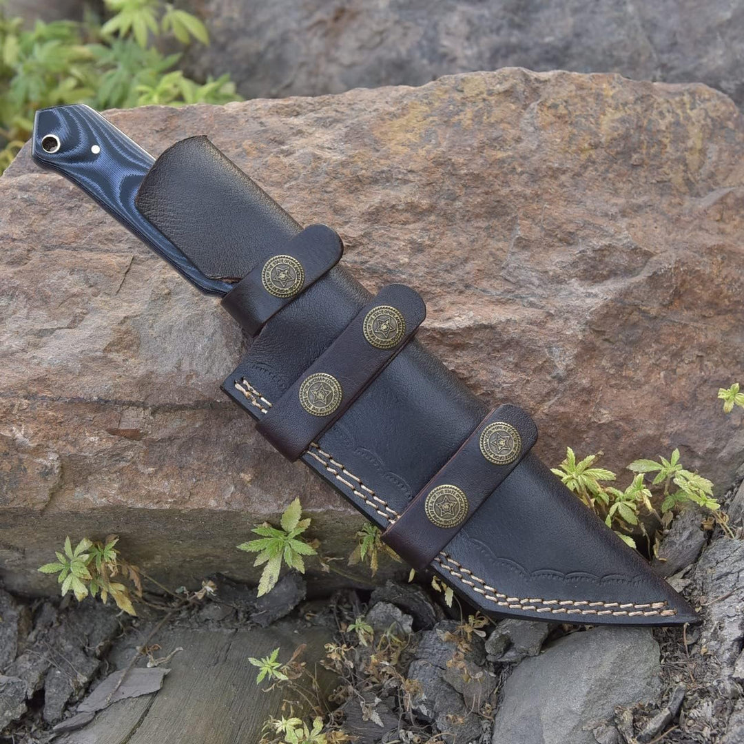 Tanto Hunting Knife 10.5" Handmade With Damascus Steel -Fixed Blade EDC Knife with Leather Sheath-Grey Micarta Handle-Ideal for Gift to Him.