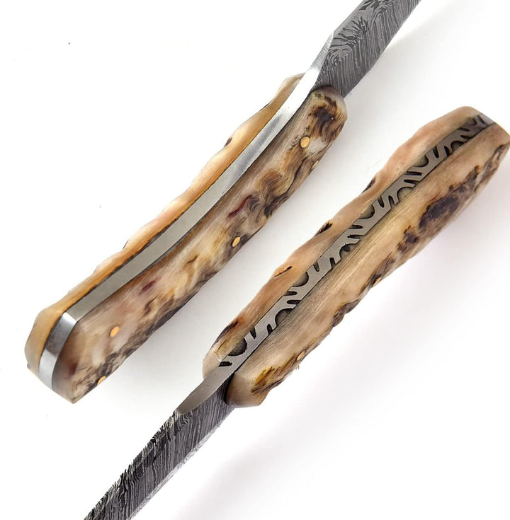 8.5" Damascus Hunting Knife | Ram Horn Handle