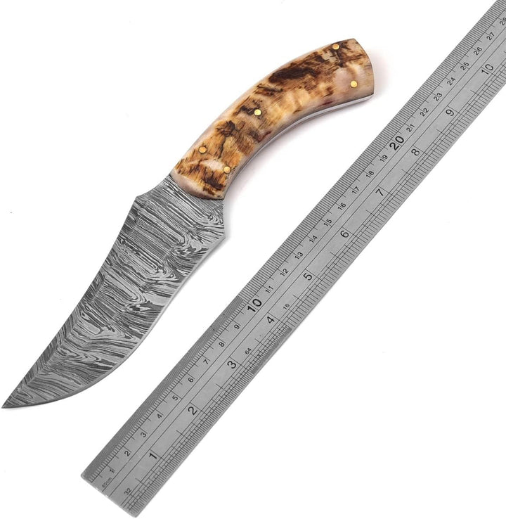 8.5" Damascus Hunting Knife | Ram Horn Handle