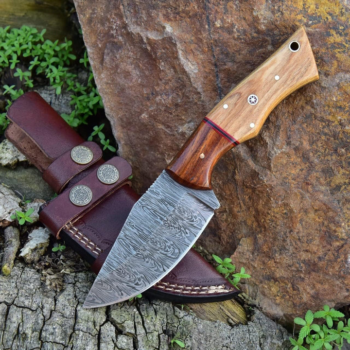 Damascus Hunting Knife 8.5" | EDC Pocket, Wood Handle