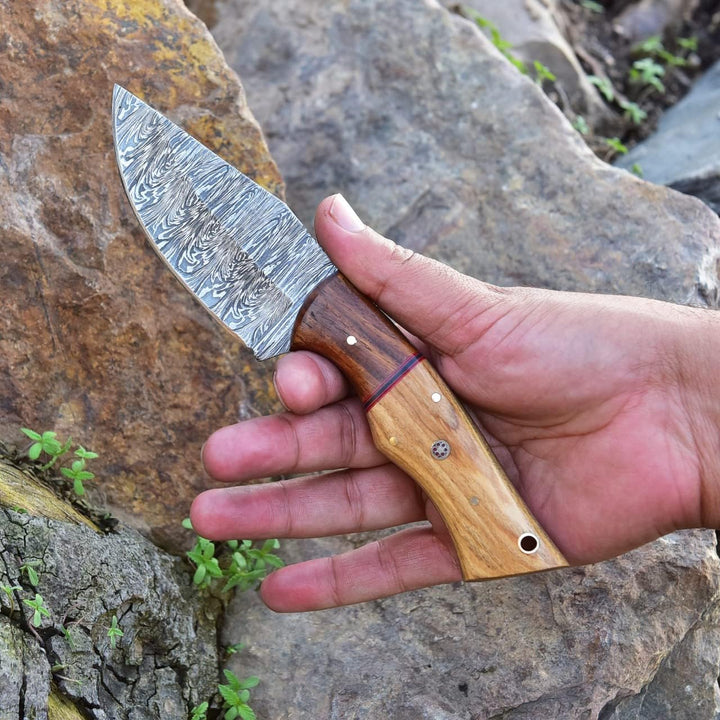 Damascus Hunting Knife 8.5" | EDC Pocket, Wood Handle
