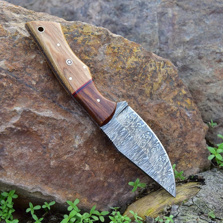 Damascus Hunting Knife 8.5" | EDC Pocket, Wood Handle