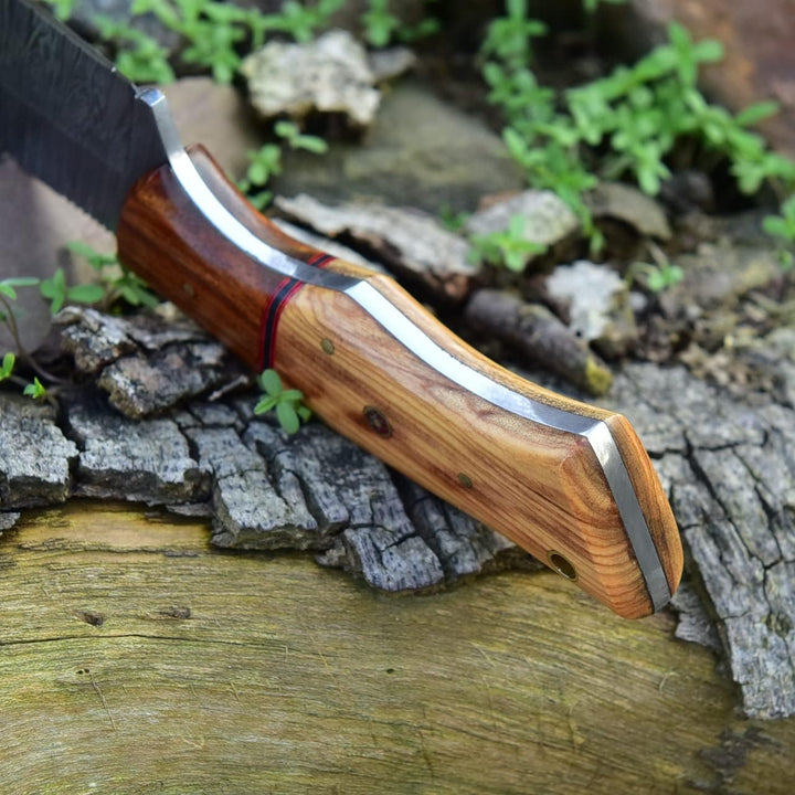 Damascus Hunting Knife 8.5" | EDC Pocket, Wood Handle