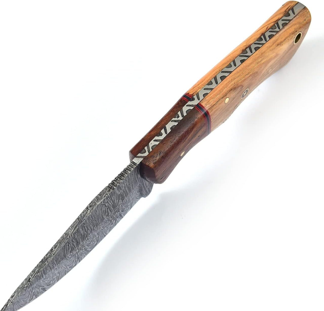 Damascus Hunting Knife 8.5" | EDC Pocket, Wood Handle
