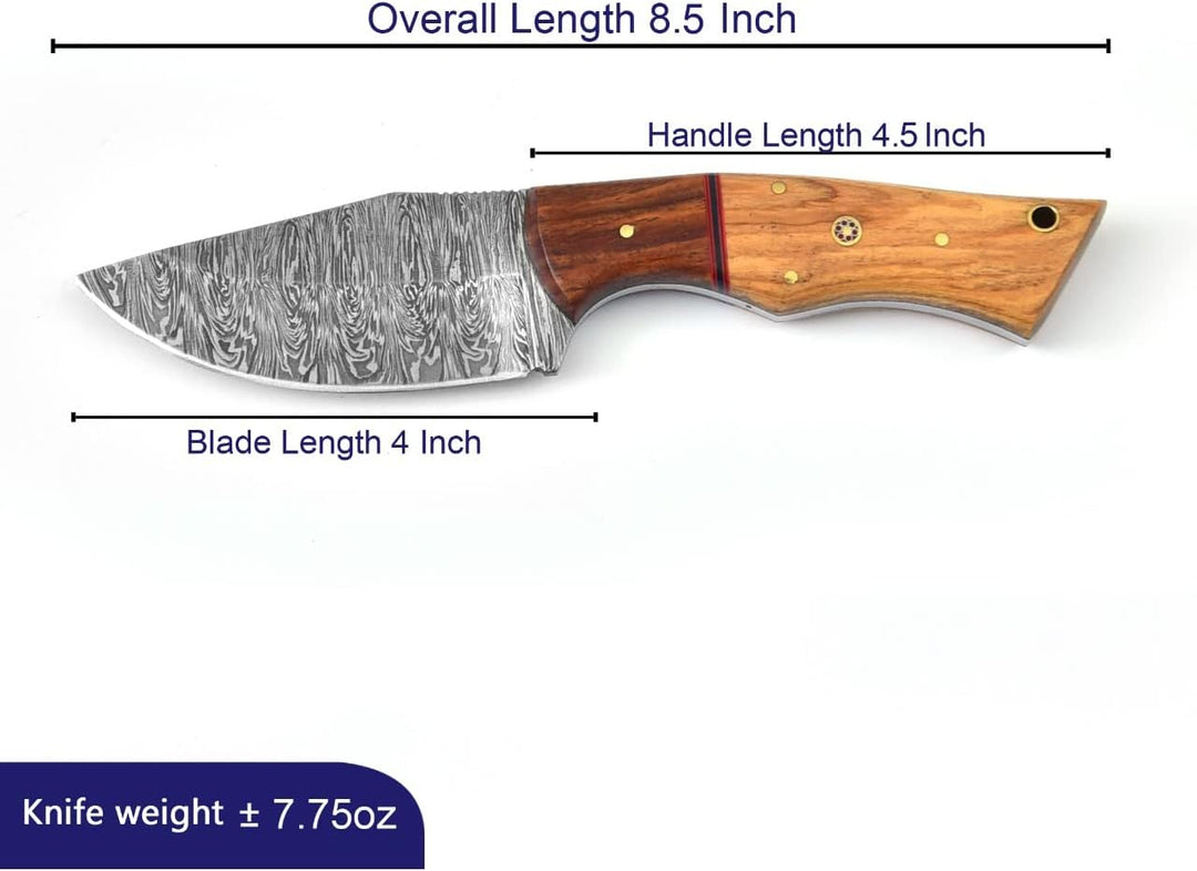 Damascus Hunting Knife 8.5" | EDC Pocket, Wood Handle